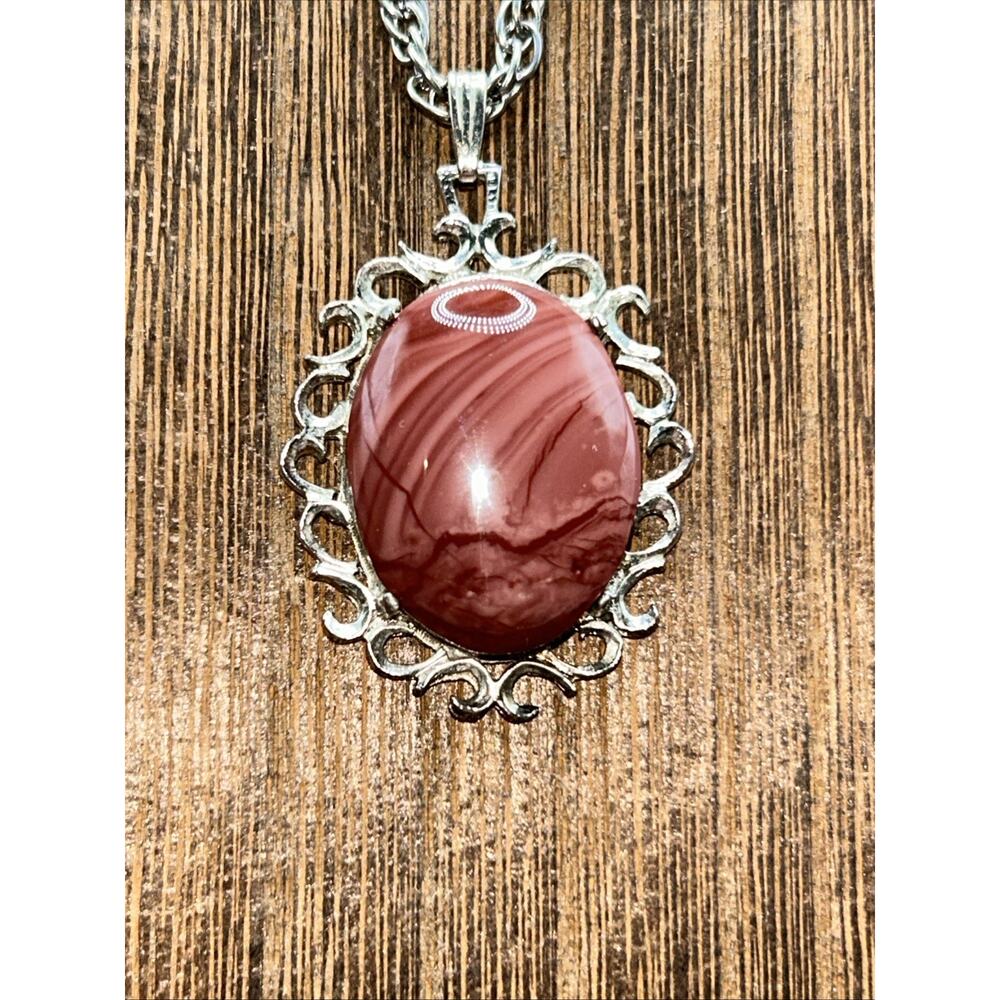 Rhodochrosite Silver Tone Oval Pendant 1 1/4” Necklace 24”